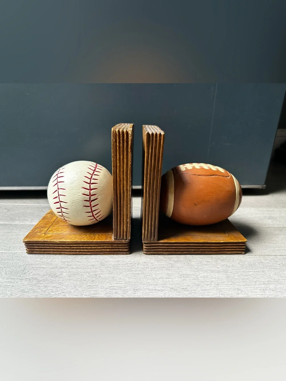 Vintage Solid Wood Baseball Football Sports Book Ends Made In Thailand Decor - Picture 3 of 8